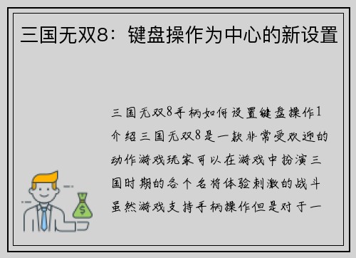 三国无双8：键盘操作为中心的新设置